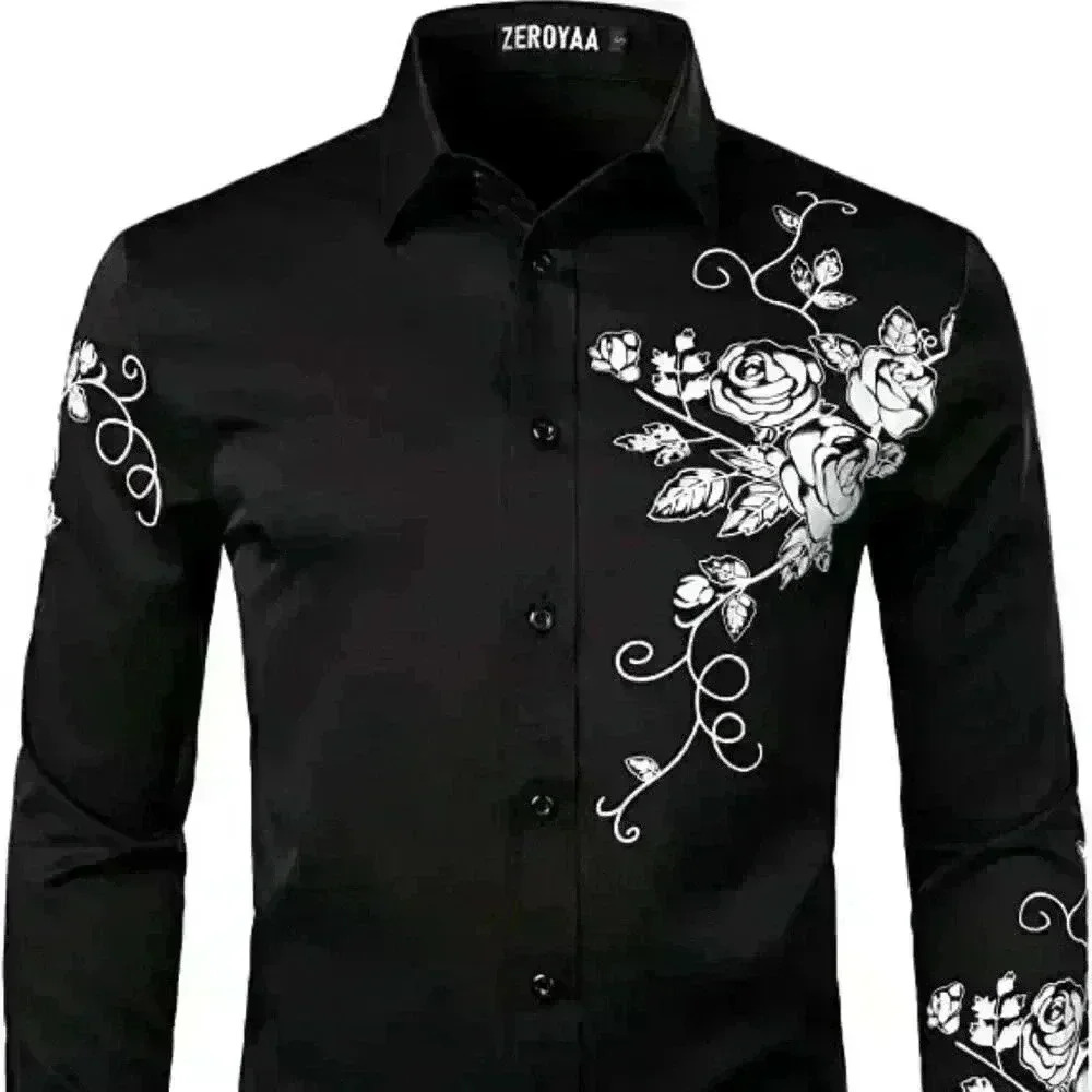 FLORAL Printed Slim Fit Long Sleeve Button Up Party Dress Shirts​